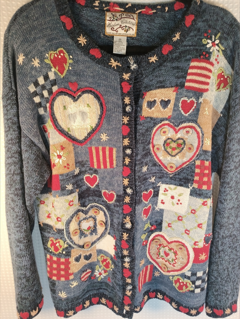 Y2K Vintage Heirloom Collectibles Patchwork Heart Cardigan Sweater Navy M